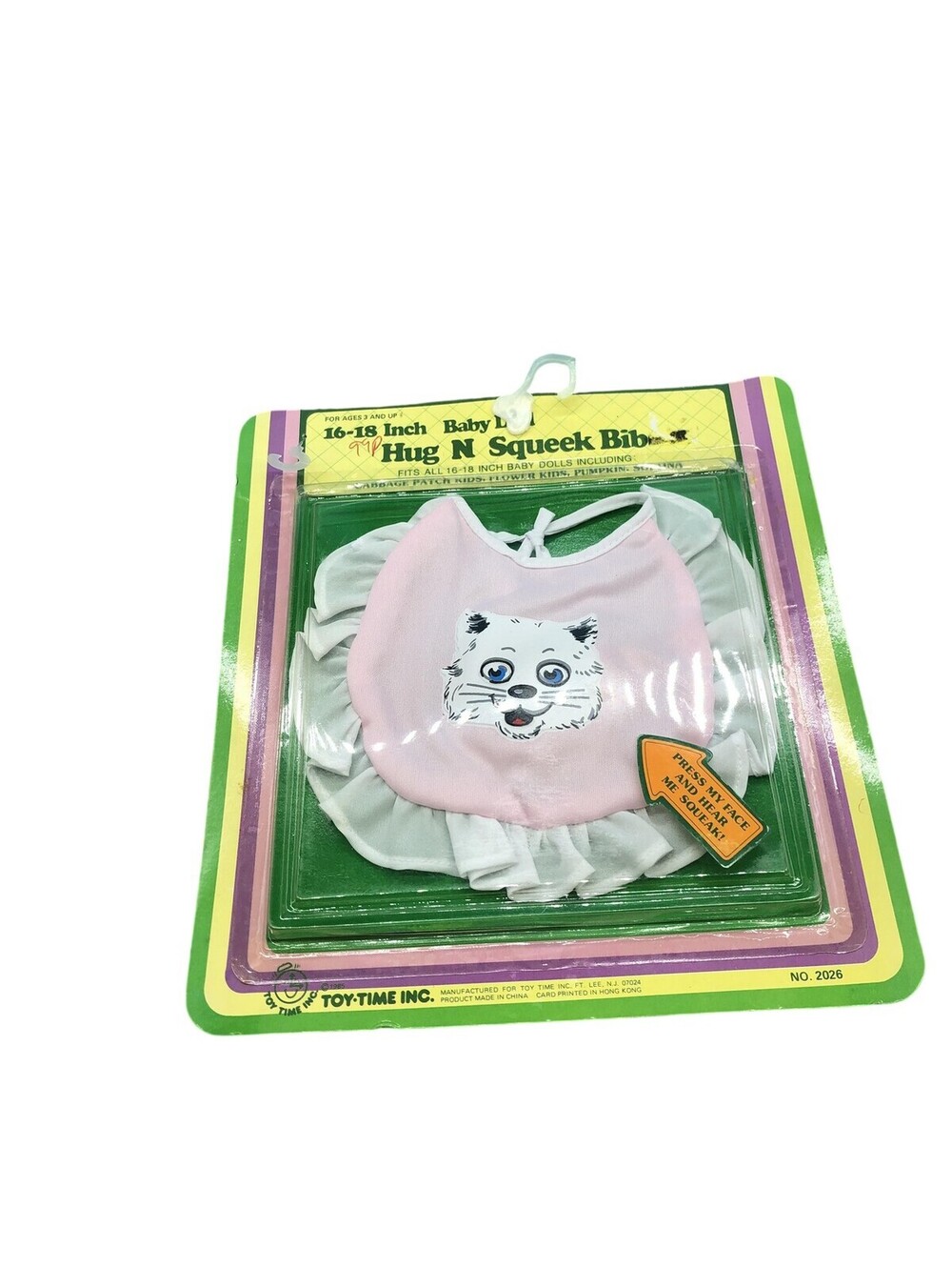 Vintage Hug N Squeek Bib Pink Cat 16-18in Baby Doll Clothes Toy-Time Inc 1985